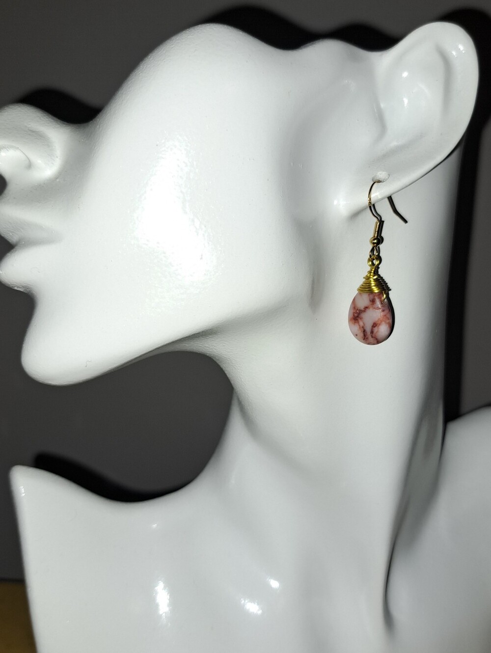 Natural Rhodochrosite Wire Wrap Earrings, Gold Over 925 Silver Earwires